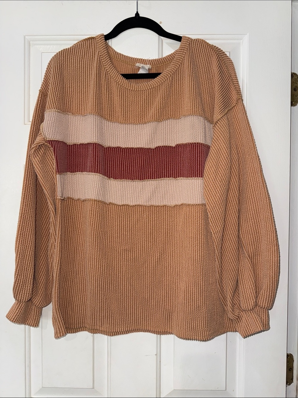 Striped Crewneck Knit Sweater in Camel and Rust